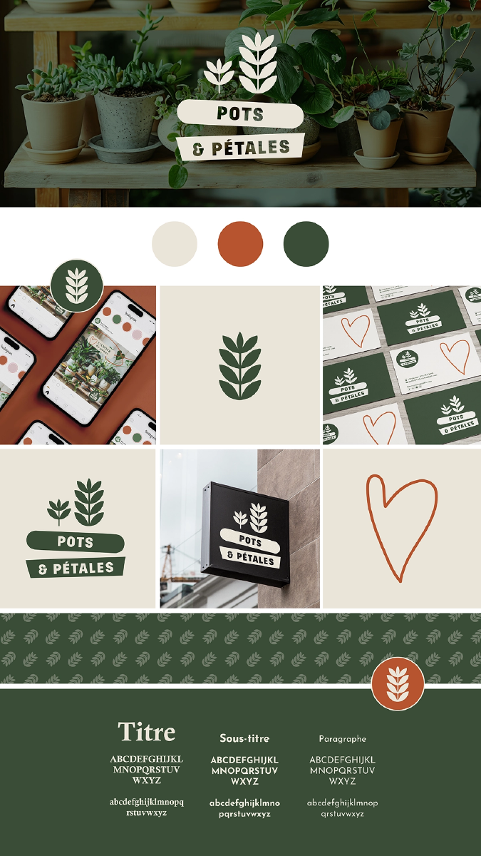 Charte graphique pour la marque Pots & Pétales, incluant logo, palette de couleurs et déclinaisons visuelles