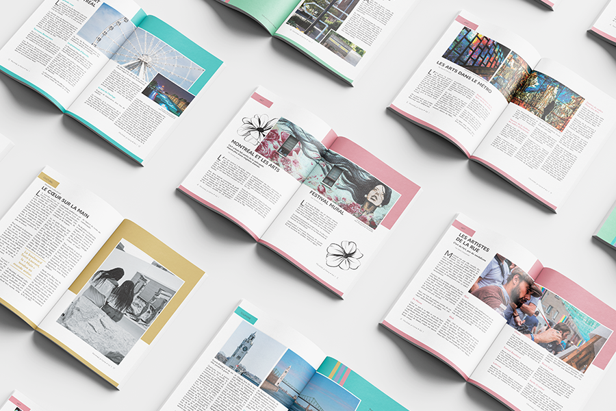Mise en page éditoriale d’un magazine, avec design graphique et organisation du contenu