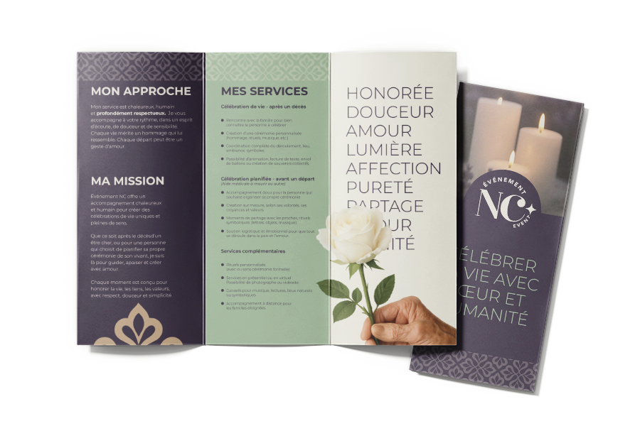 Dépliant imprimé conçu pour l’événement NC Event, incluant mise en page graphique et identité visuelle