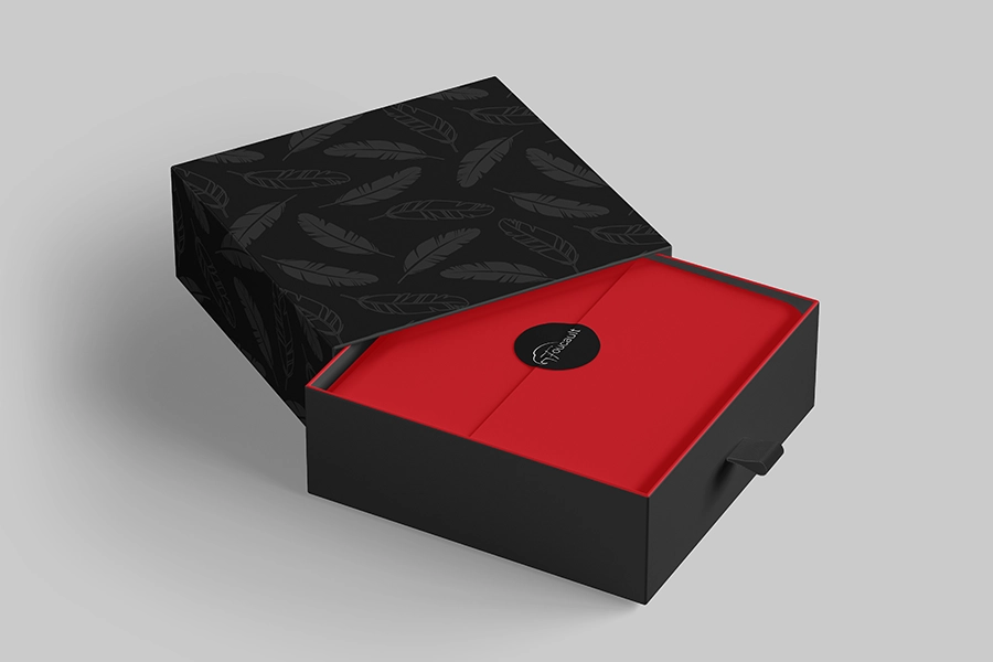 Design de packaging avec coffret rigide, incluant habillage graphique et mise en page de l’emballage