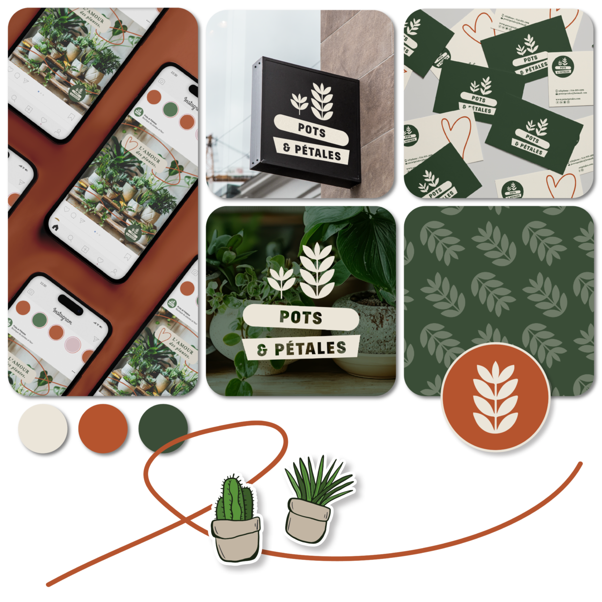 Montage portfolio graphiste Montréal – identité visuelle Pots & Pétales, logo et design imprimé