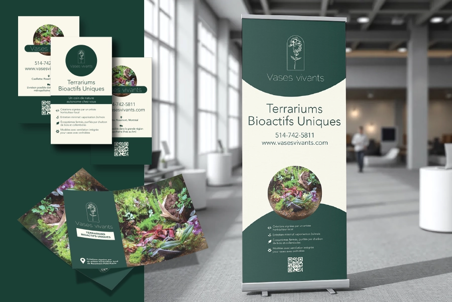Montage de créations graphiques et supports imprimés réalisés par Jacynthe Renaud, graphiste à Montréal