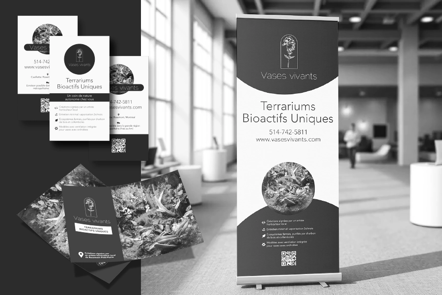 Montage de créations graphiques et supports imprimés réalisés par Jacynthe Renaud, graphiste à Montréal